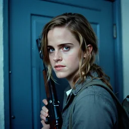 film still, close up, emma watson vietnam door gunner, film still from apocalypse now ( 1 9 7 9 ), 2 6 mm, kodak ektachrome, blue tint expired film,