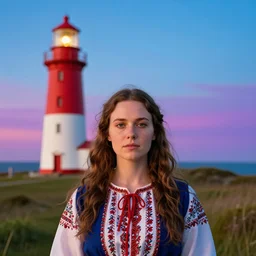 beautiful woman faces camera. folk horror. lighthouse. colourful