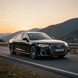 black 2020 audi a8 racing on a road on a mountain at sunset, car photography, 4k professional photo