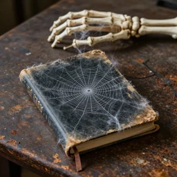 a photo of hand skeleton above a dusty diary book, cover with spider web, rusty and old table