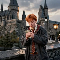 Ron Weasley begging for money outside of Hogwarts, homeless