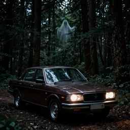 1 9 9 0 s car at night, camera shot, forest in the background, ghost peeks from the trees, creepy