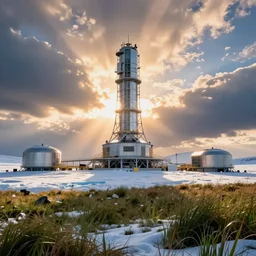 big scientific base station in the ice. research center in the snow, landscape, cinematic view, epic sky, detailed, concept art, low angle, high detail, warm lighting, volumetric, godrays, vivid, beautiful, trending on artstation, by jordan grimmer, huge scene, grass, art greg rutkowski