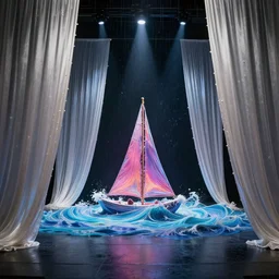 veils of silken pearl curtains, dark spotlights on a rainy stage, infinite cosmic possibilities enthralling the latent spaces and vibrant flowing sailboat waves, magically shaped absurdist performance, trending on artstation