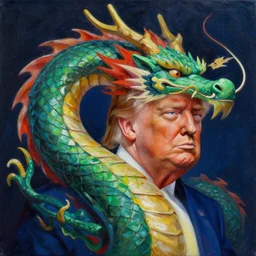 painting of a dragon with Donald trumps head