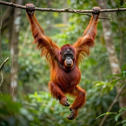 a flaming orangutan swinging between trees, 4 k, artstation, bokeh, trees, vines, highly detailed