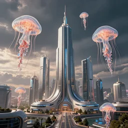 futuristic city with jellyfish floating around futuristic buildings, realistic rendition, realistic lighting