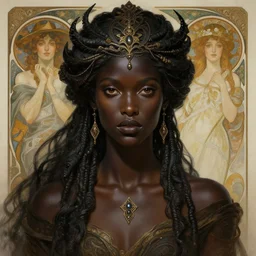 stunning god of dreams portrait, dark skin, fantasy, intricate, elegant, highly detailed, digital painting, artstation, concept art, smooth, sharp focus, illustration, art by krenz cushart and artem demura and alphonse mucha and tony sandoval