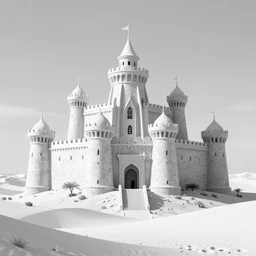 illustration of a fantasy Castle in the middle of the desert, monochrome, manga style, by Kentaro Miura, sharp, dramatic lighting