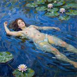 Elizabeth Siddal swims in a lake with blue water lilies, oil painted, Pre-Raphaelite style, highly detailed, sharp focus