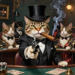 a male cat wearing a tophat and suit, smoking a cigar, wielding a gun and pointing it at the camera, inside a casino, surrounded by female cats, oil painting, 4k