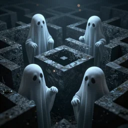 Ghosts In A Dark Void Of Infinite Strange Mazes and Illusions, octane render, Bokeh, HDR, HR Giger Moebius Yasushi Nirasawa MC Escher Style, photorealistic, volumetric lighting, Hyperrealistic-H 960