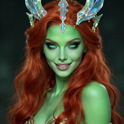 amazing digital art of cute gorgeous beautiful red haired smirking super model green - skinned alien woman as futuristic aphrodite greek goddess wearing a holographic headdress, beautiful piercing gaze with green eyes and sharp pupils, sexy, full view, hypnotic, instagram hottie, in the style of greg rutkowski and wlop, artgerm, alex ross, mucha, fantasy, amazing detail, epic, elegant, smooth, octane render, dramatic lighting, sharp focus, front view