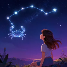a girl looking at a crab constellation made of stars at night, rossdraws, ilvya kuvshinov, artstation, maya, pixar, engine, vibrant colors