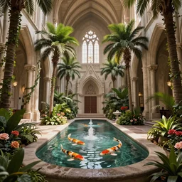 grand cathedral interior with koi pond in the middle surrounded by palm trees, ivy, flowers, tropical plants, roses, and with archways, rendered in octane render with photorealistic soft volumetric lighting, cinematic, symmetrical