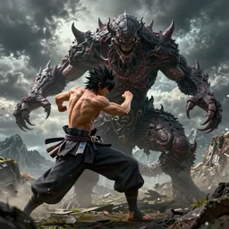 digital art of a Kenshiro fighting a horrific monster, detailed textures and lighting, storm in the background, mountains, action pose, high detail character models, detailed environment, epic fight, movie quality battle, epic, intricate