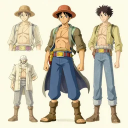 Concept art character sheet from a new one piece character done by studio ghibli