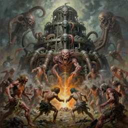 oil paint of 1 1 flayed gods fighting spewtum, in tiers, colossal medical gangrene machines in tiers, dethroning melee, pit, by shigeru komatsuzaki, wayne d barlowe, stefano tamburini, ember light, muted colors, epic, hyper detailed, awe inspiring, award winning horror, narrative lighting, hyper realism, cinematic
