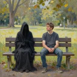 man sitting on park bench next to the grim reaper peaceful oil painting by Linda DeScenna sunny afternoon