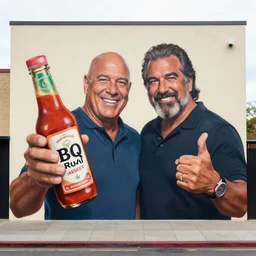 professional street mural of jim ross and a bbq sauce bottle by sachin teng