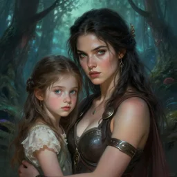 portrait of sensual girl warrior and her daughter in a magical forest by leesha hannigan, fantasy, artwork, digital art, epic, highly detailed faces