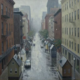 a realistic painting of raindrops in the shape of small houses falling down into the streets of manhattan in the style of rene magritte