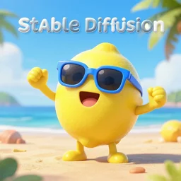 A 3d pixar render of a lemon character with blue sunglasses on the beach excited for the launch of Stable Diffusion, 50mm lens
