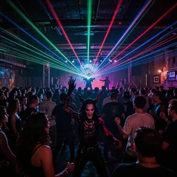 satanic 90's underground warehouse rave, demons dancing, stage in view, laser light show, large crowd, detailed photograph