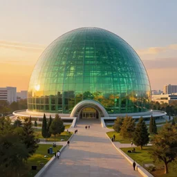 capital city of the free republic of liberland with humongous green glass dome and path around it, zaha hadid architecture, sunset light, hyperdetailed, artstation, painting by gaston bussiere, craig mullins, j. c. leyendecker, 8 k