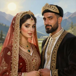 A beautiful Kurdish wedding with a beautiful kurdish bride and a handsome kurdish bridegroom, photo realistic, digital painting, trending on Artstation, highly detailed, insanely detailed, award  winning art, realistic beautiful faces, ornate, perfect lighting, sun shining,, mountains in the background,