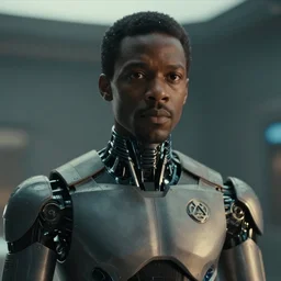 a science fiction film still of a black man starring as a cyborg, shallow depth of field, cinematic, award winning cgi, vfx, surrealism, film photography