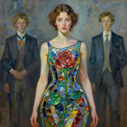 beautiful young woman wearing a dress made from stained glass in the design of a rose. painting by artgerm and greg rutkowski and ilya kuvshinov