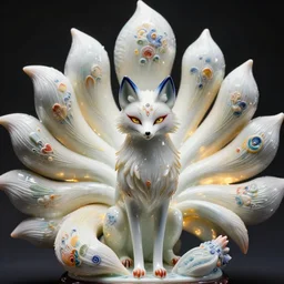 a photo - real delicate ceramic porcelain sculpture of an ornate detailed nine tailed fox front of a intricate background by victo ngai and takato yamamoto, micro detail, backlit lighting, subsurface scattering, translucent, thin porcelain, octane renderer, colorful, physically based rendering, japanese pottery, trending on cgsociety