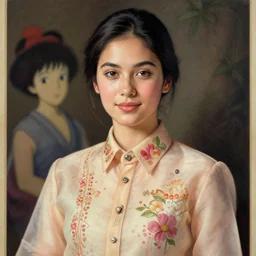 cassandra cain wearing a womens'barong tagalog, flowery, realistic shaded, pleasant face, fine details, medium shot, portrait, realistic shaded lighting poster by greg rutkowski, artgerm, kyoto animation and alphonse mucha