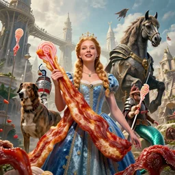 by artgerm and agostino arrivabene, visually stunning, cinematic, ultra realistic, hyper realism, 1 2 k, epic, octane render, unreal engine, vfx, maya, chaotic portrait of a princess, bacon and licorice, royal hound, tart guard, skybridge towers, lord marrowgar, returned centaur, mermaid