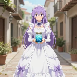 full body regal bombshell anime waifu woman with lavender hair, victorian white ruffly dress, holding jarred ocean. spanish ghibli alleyway. symmetrical face. symmetrical detailed defined eyes. isekai background style.