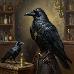 highly detailed 3 / 4 oil painting of an alchemist, anthro crow fantasy race, medieval apothecary background