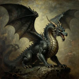 A majestic gothic dragon, by Francisco de Goya, by Caravaggio, by Greg Rutkowski, Lovecraftian horror, masterpiece, oil on canvas, concept art, matte painting, trending on artstation, top on pixiv, cinematic composition, dramatic scene, beautiful lighting, sharp, high details, astrophotography, no frames, 8K