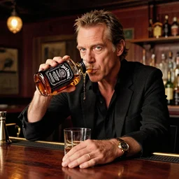 roger waters drinks jack daniels whiskey in a old 8 0 s chicago bar, realistic, hdr, clear image, hdd, dynamic lighting, - n 9