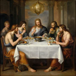 the gods eating at a big table, painting