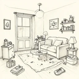 one - line drawing of a messy room.