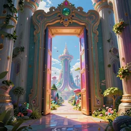 detailed artstation style, futuristic utopian fantasy, futuristic - natural - beauty, doorway to utopia, an ornate multi - colored doorway opens on to a fantastical landscape, a place of astonishing beauty and fun, vibrant, fantasy - utopian architecture