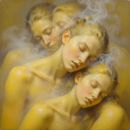 3 d, close - up, liquid white oil, sleepy fashion model, light fog, smoke, poster art, high detail, intricate oil painting, multiple exposure, deep yellow color palette, hyperrealism, 3 d, by tooth wu and wlop and beeple and greg rutkowski