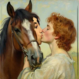 young alison brie kissing a man - horse, painted by artgerm and greg rutkowski and alphonse mucha. clear highly detailed face, beautiful fantasy art,