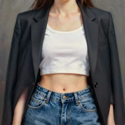 anime vogue, intricate oil painting by john singer sargent, trending on artstation, crop top, blazer, jeans