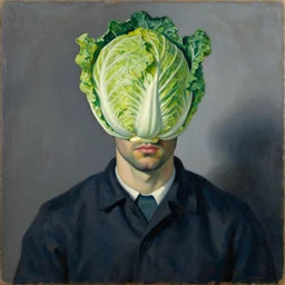 painting of a man with a cabbage in the place of his head, masterpiece, painted by Bernard Buffet