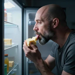 ethan van sciver with a bald head and grey trimmed beard licking the butter in your fridge in the middle of the night, real photograph, dramatic lighting