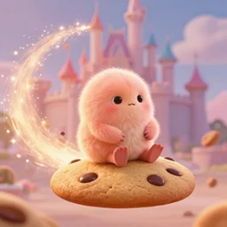 fuzzy creature sitting on a flying chocolate chip cookie blasting through peach's castle leaving a sparkling trail behind, movie still from inside out, close up, high detail, hyperion render, trending on artstation, 4 k