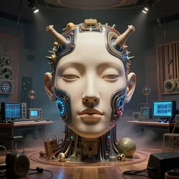 portrait of a face with neural implants designed by Hajime Sorayama and frank gehry, inside an a recording studio filled with strange surrealist detailed alien electronic and acoustic musical-instruments!! with blinking LEDs and oscilloscopes on screens inside moody detailed alien interiors, backlit fog, designed by Larry Elmore Kerlaft and Pixar, photorealistic, 3d render, award winning render, unreal engine, octane render, studio lighting, 8k, hd