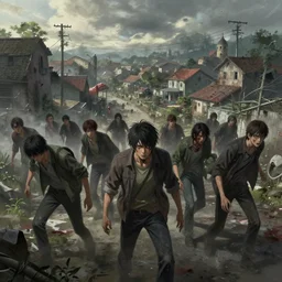 of people trying to escape a small town zombie attack, highly detailed digital painting, concept art, matte, art by ruan jia and wlop and greg rutkowski and makoto shinkai, masterpiece
